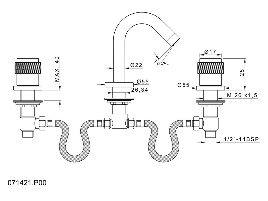 Bronces Mestre Soho Three Holes Bidet Set - 071421 - technical drawing