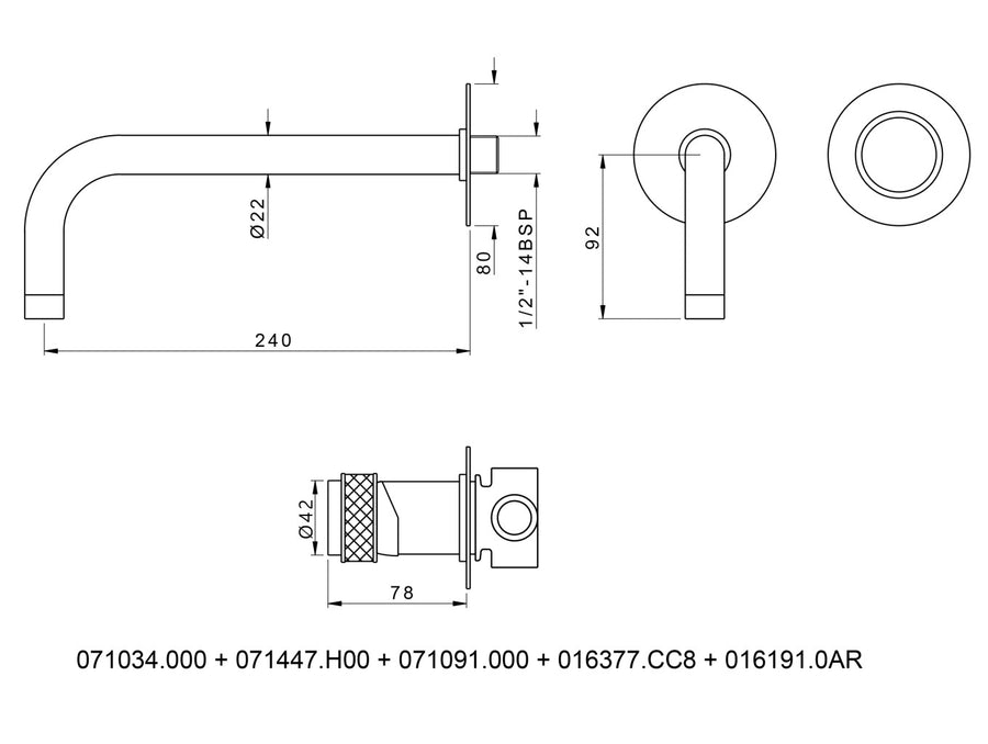 Bronces Mestre Soho Three Holes Wall Basin Set - 071433 - technical drawing