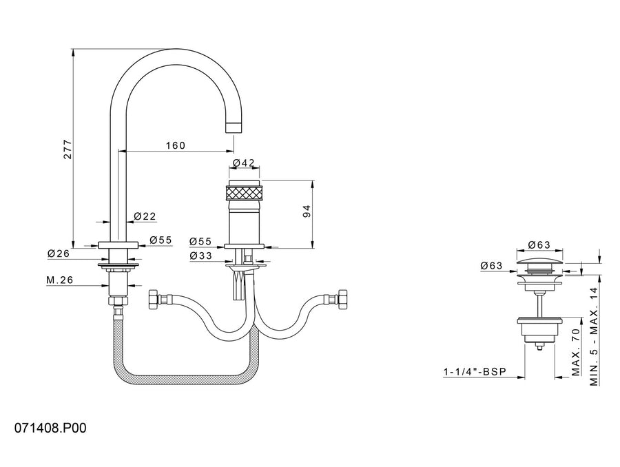 Bronces Mestre Soho Two Holes Single Lever High Basin Mixer - 071408 - technical drawing