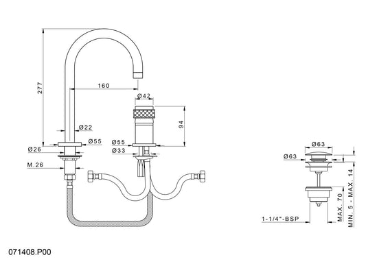 Bronces Mestre Soho Two Holes Single Lever High Basin Mixer - 071408 - technical drawing