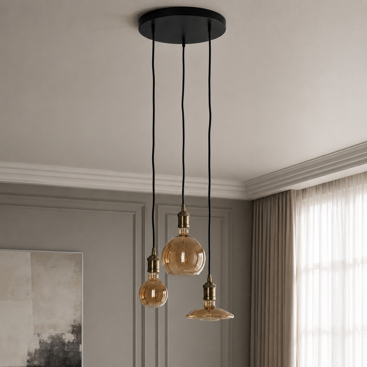 Pendant Light Brynja 2553Q - 3xE27 - Black pendant lamp in modern interior room setting