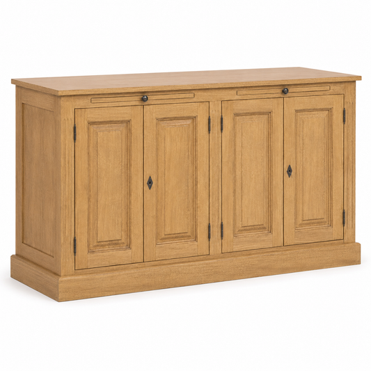 Classic natural oak Amboise four-door buffet with paneled doors and diamond escutcheons, angled three-quarter view