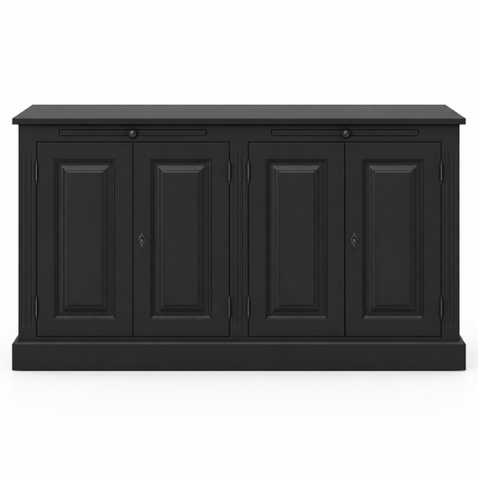 Classic black solid pine Amboise buffet with four raised-panel doors, 151 cm wide, front view