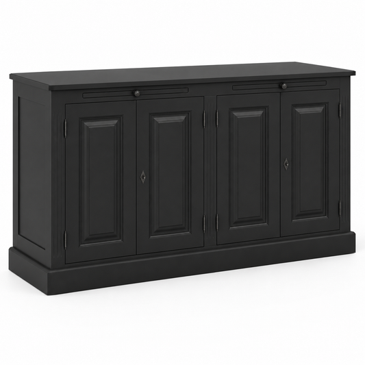 Classic black solid pine Amboise sideboard with four panelled doors, angled three-quarter view, 151 cm wide