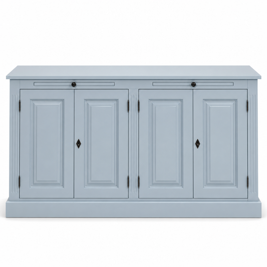 Classic light blue solid pine Amboise sideboard with four raised-panel doors, 151 cm wide, front view