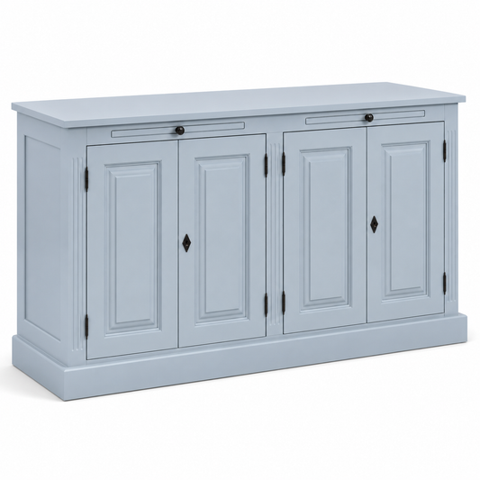 Light blue lacquered pine Amboise buffet with fluted pilasters and bronze escutcheons, three-quarter view