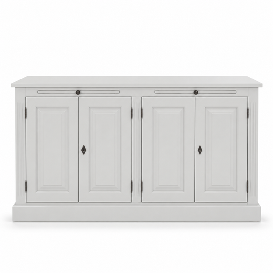 Classic French country white solid pine Amboise buffet, four raised-panel doors, 151 cm wide, front view