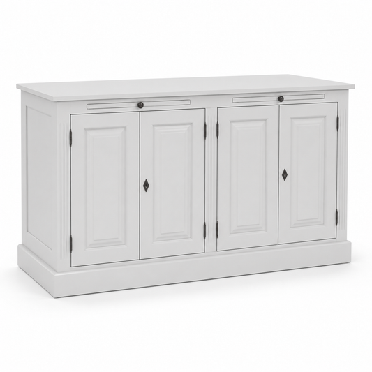 Classic white solid pine Amboise four-door buffet with fluted pilasters, angled three-quarter view, 151 cm wide