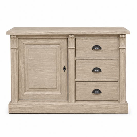 Classic solid oak Angers buffet with panelled door and three drawers, 116 cm wide, front view