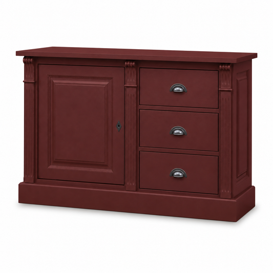 Classic bordeaux Angers buffet, three-quarter view showing fluted pilasters and slim proportions