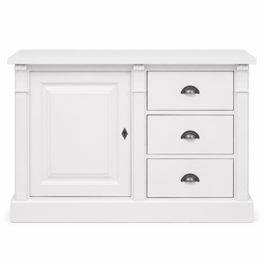 Classic white solid pine Angers buffet with panelled door, cup pulls, 116 cm wide, front view