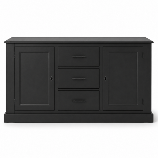 Classic black solid pine Cluny buffet with paneled doors and three drawers, 173 cm wide, front view