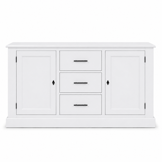 Country-style white solid pine Cluny buffet, two panelled doors, three drawers, 173 cm wide, front view
