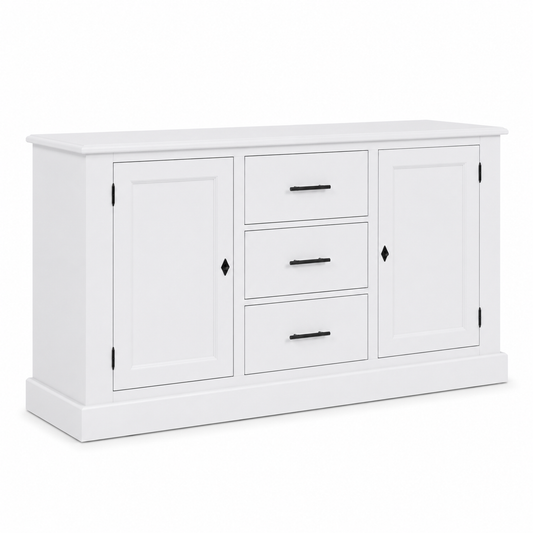 Country-style white pine Cluny buffet with black bar handles, angled three-quarter view, 173 cm wide