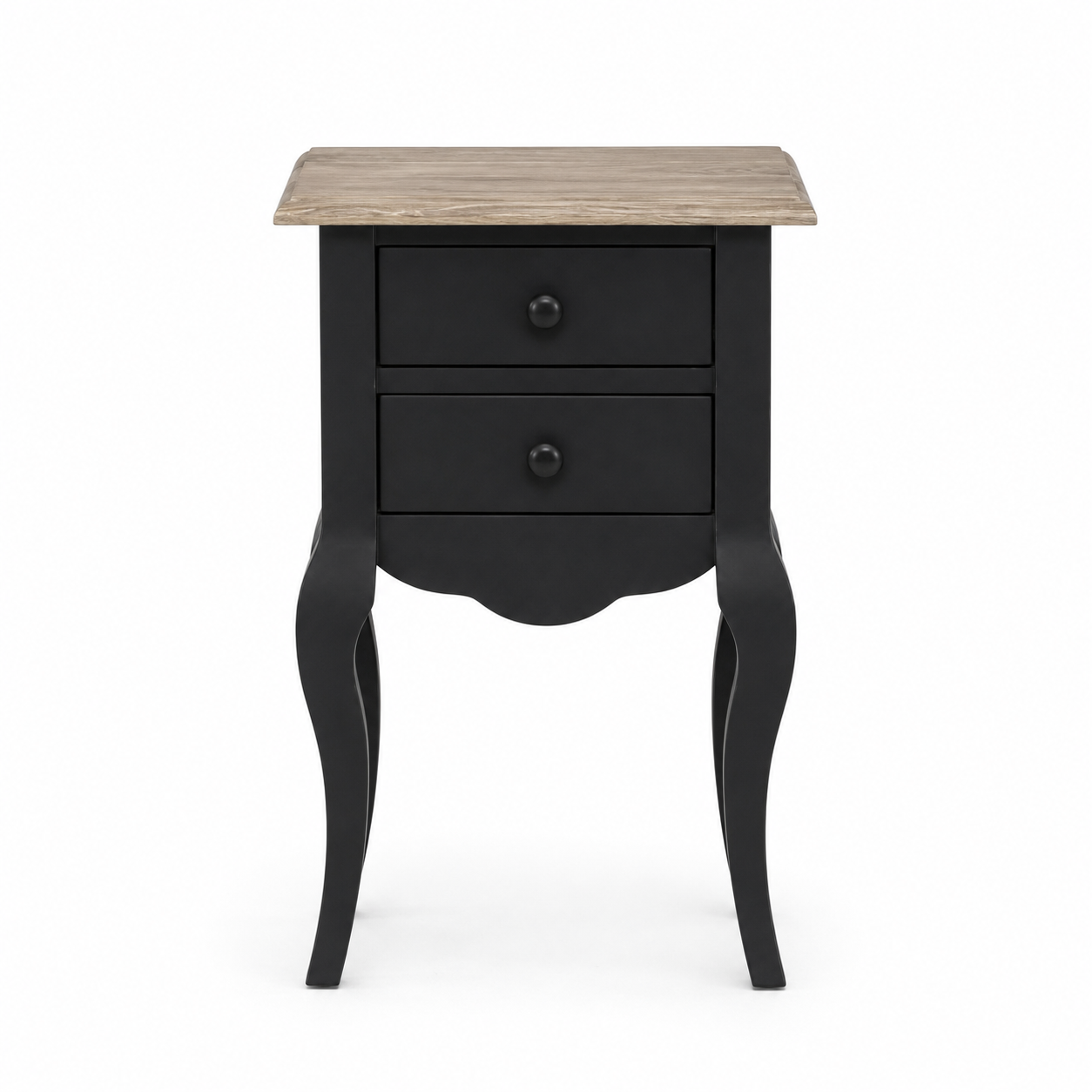 Cahors nightstand in black with oak top, front view on white background