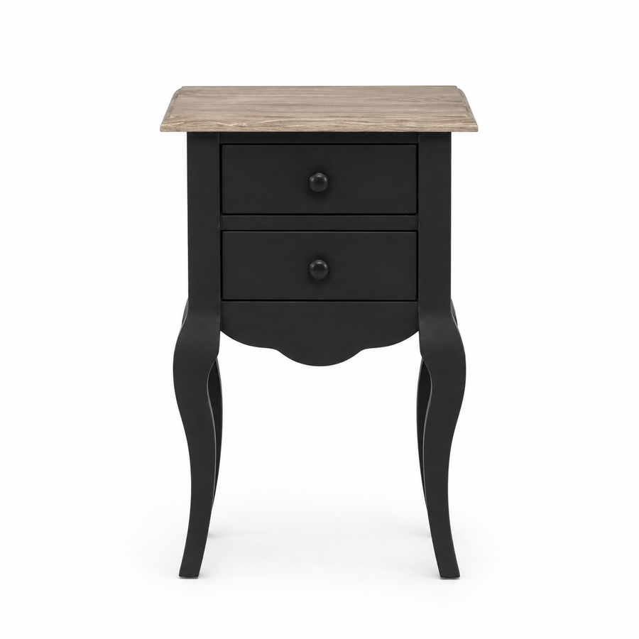 Cahors nightstand in black with oak top, front view on white background