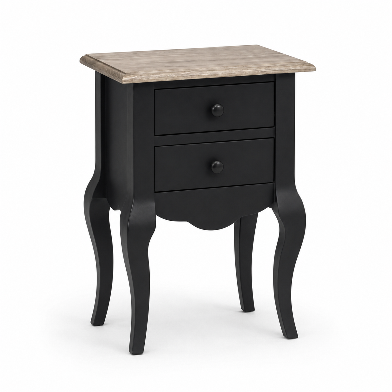 Cahors nightstand in black with oak top, three-quarter angle view