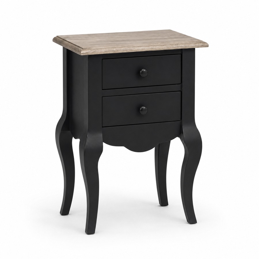 Cahors nightstand in black with oak top, three-quarter angle view