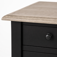Close-up of the black paint and oak top finish and detailing of the Cahors nightstand