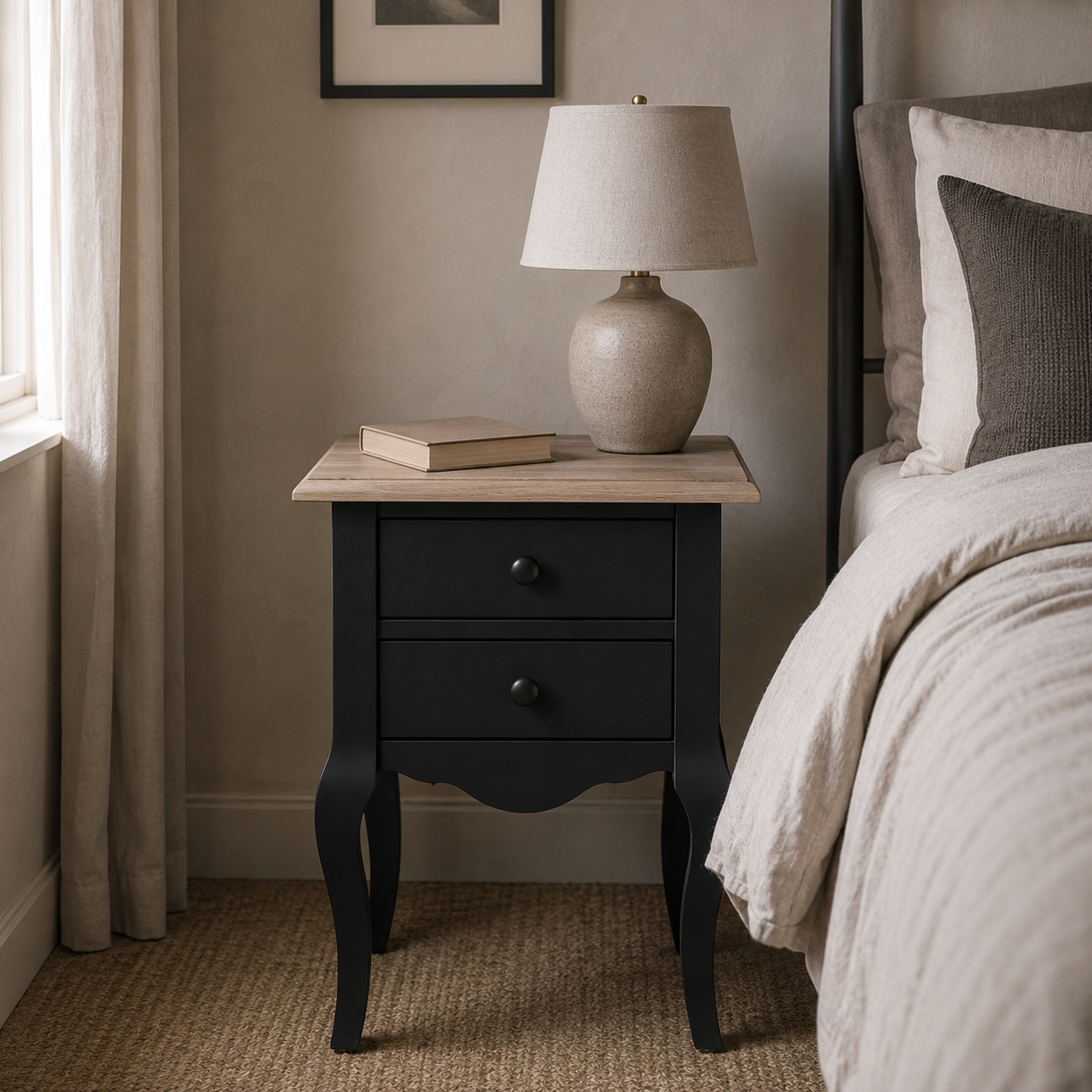 Cahors nightstand in black with oak top styled in a bedroom