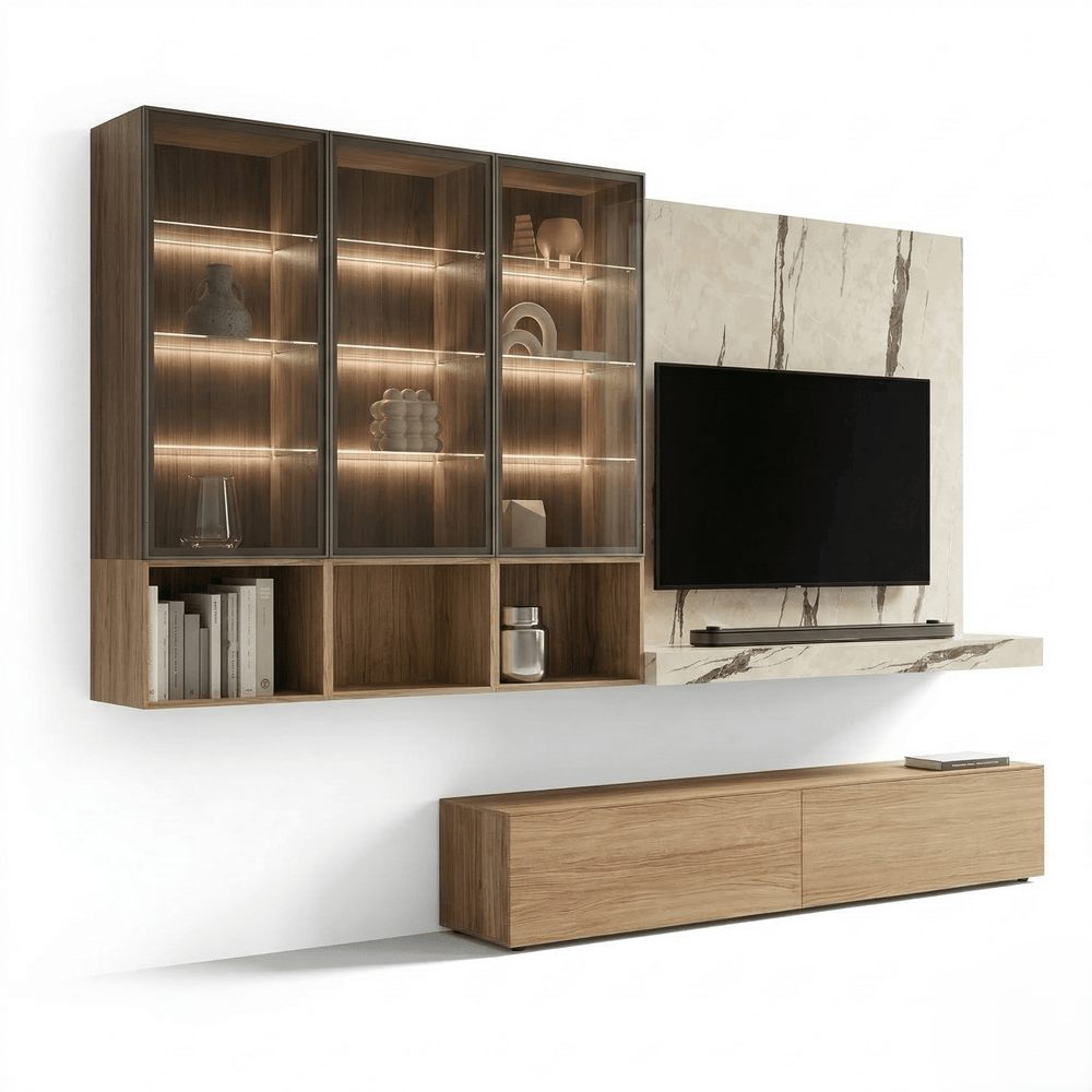 Calderra Luxury Italian TV Wall Unit | Marble Panel Entertainment System with Illuminated Display Cabinet - View 2