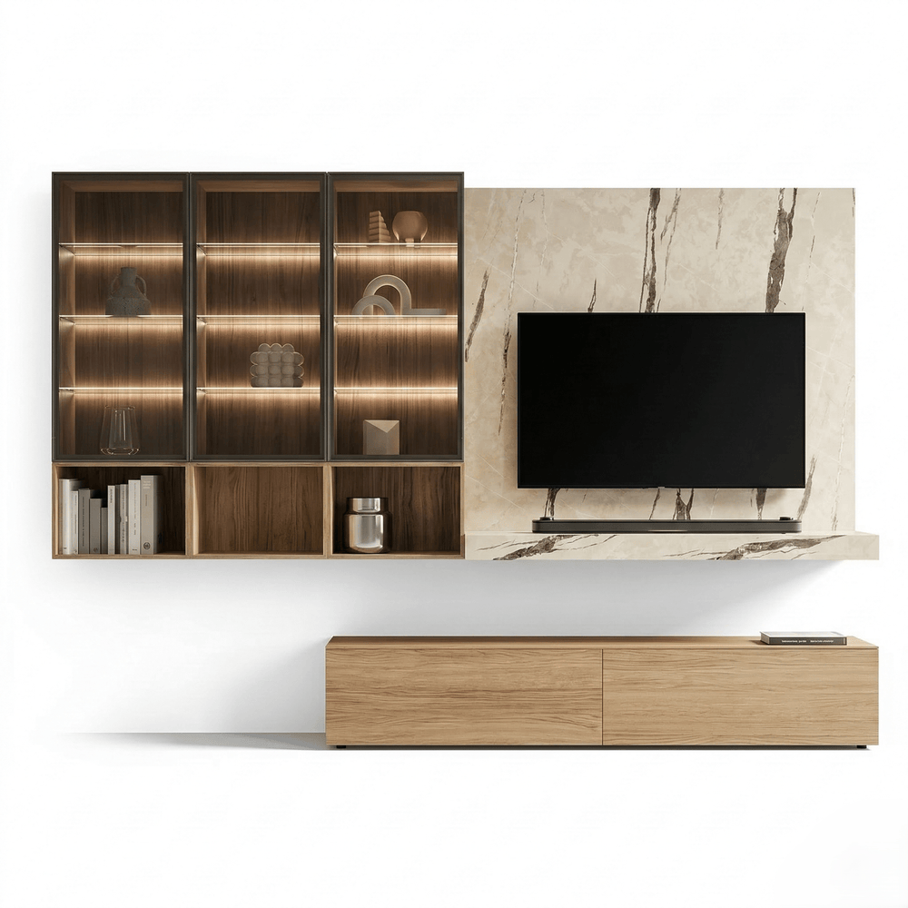 Calderra Luxury Italian TV Wall Unit | Marble Panel Entertainment System with Illuminated Display Cabinet