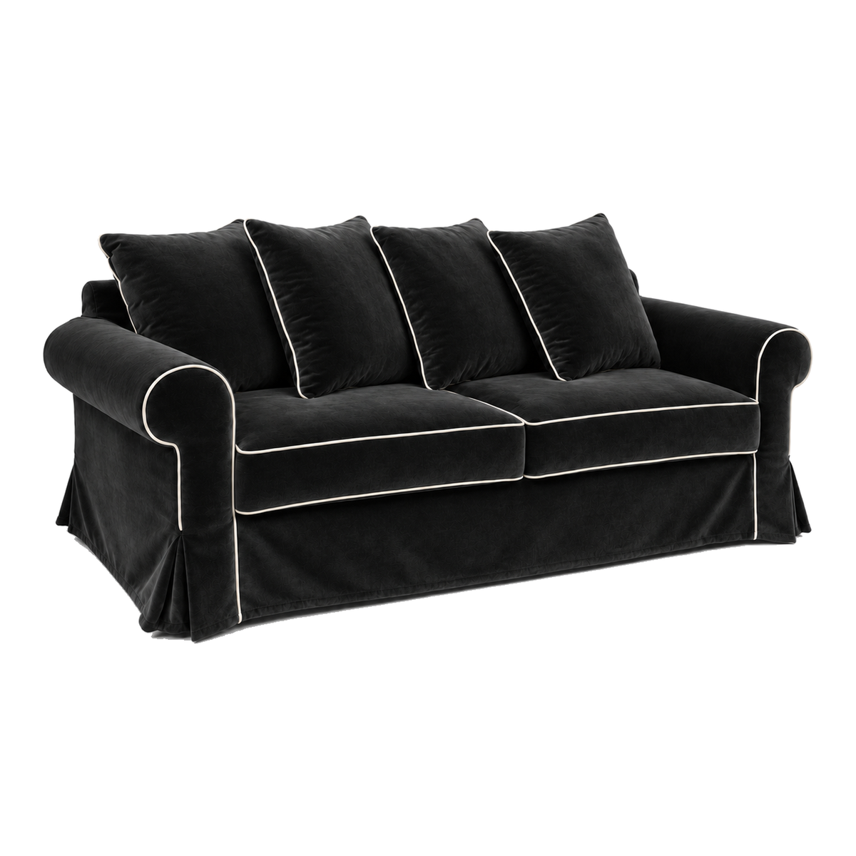 Castilliano country sofa in black velvet with white piping, three-quarter view