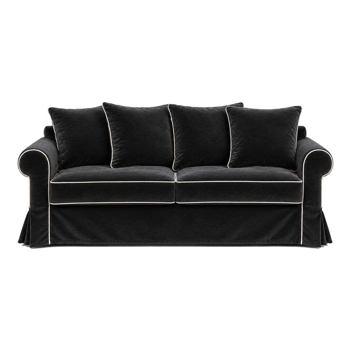 Castilliano country sofa in black velvet with white piping, front view