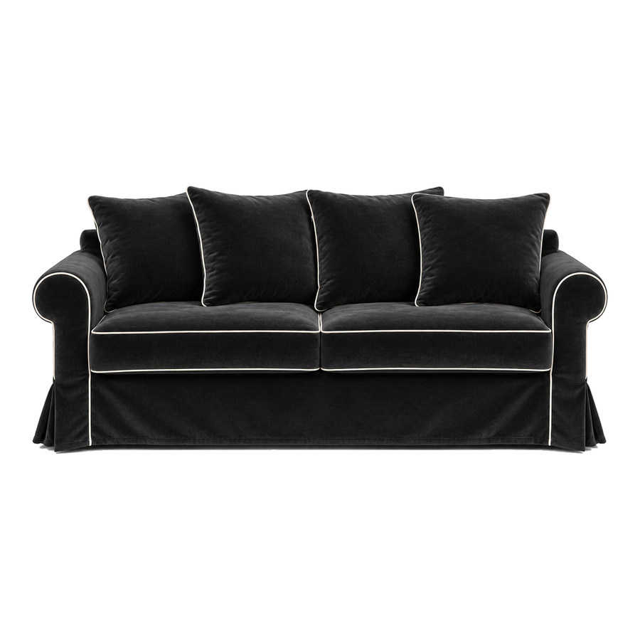 Castilliano country sofa in black velvet with white piping, front view