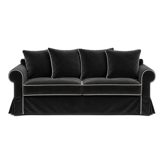 Castilliano country sofa in black velvet with white piping, front view