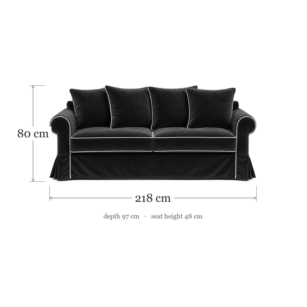 Castilliano country sofa in black velvet with white piping, dimensions 218 x 97 x 80 cm