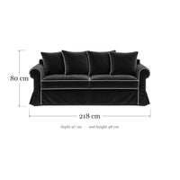 Castilliano country sofa in black velvet with white piping, dimensions 218 x 97 x 80 cm