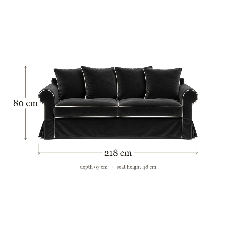 Castilliano country sofa in black velvet with white piping, dimensions 218 x 97 x 80 cm