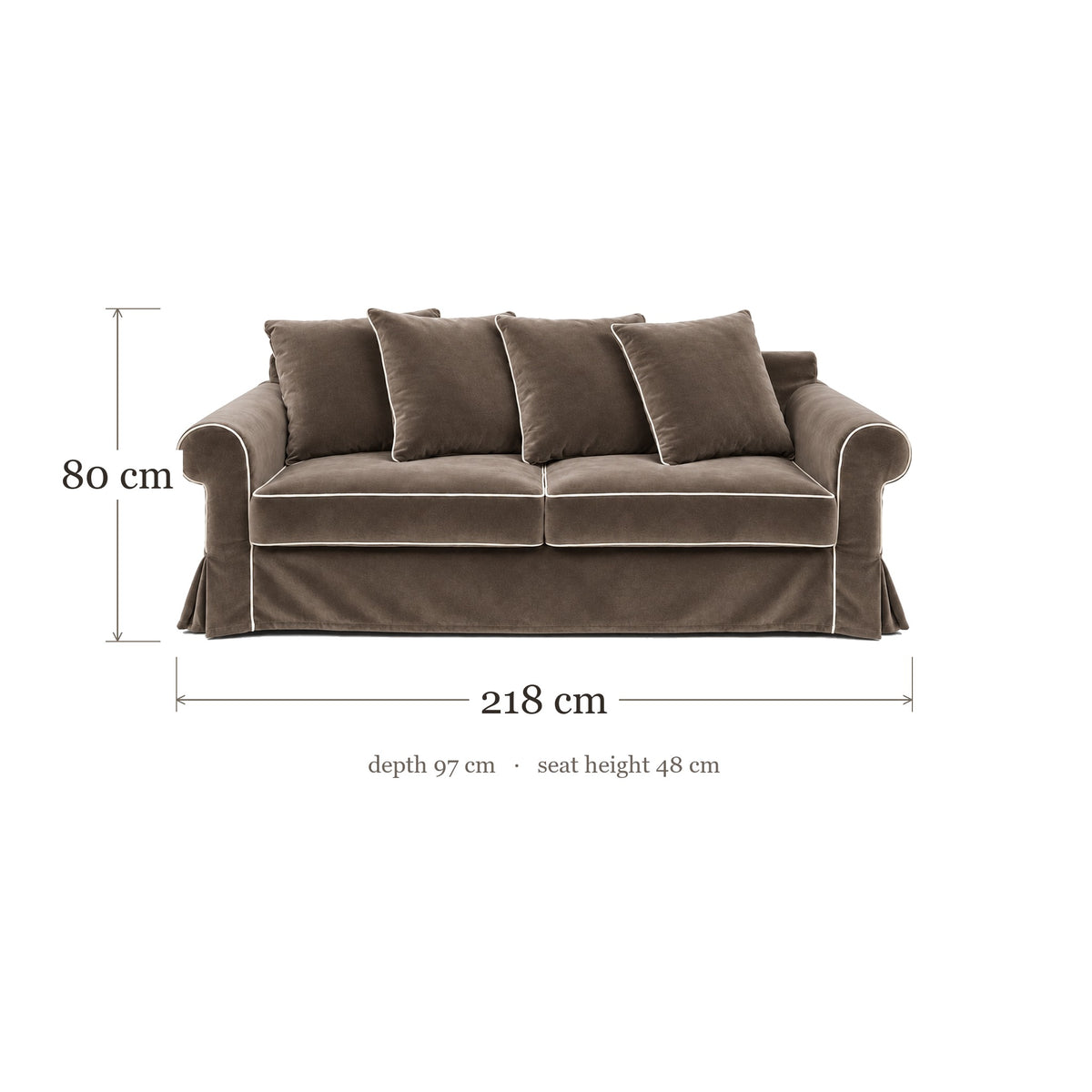 Castilliano country sofa in chocolate velvet with white piping, dimensions 218 x 97 x 80 cm