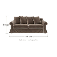 Castilliano country sofa in chocolate velvet with white piping, dimensions 218 x 97 x 80 cm
