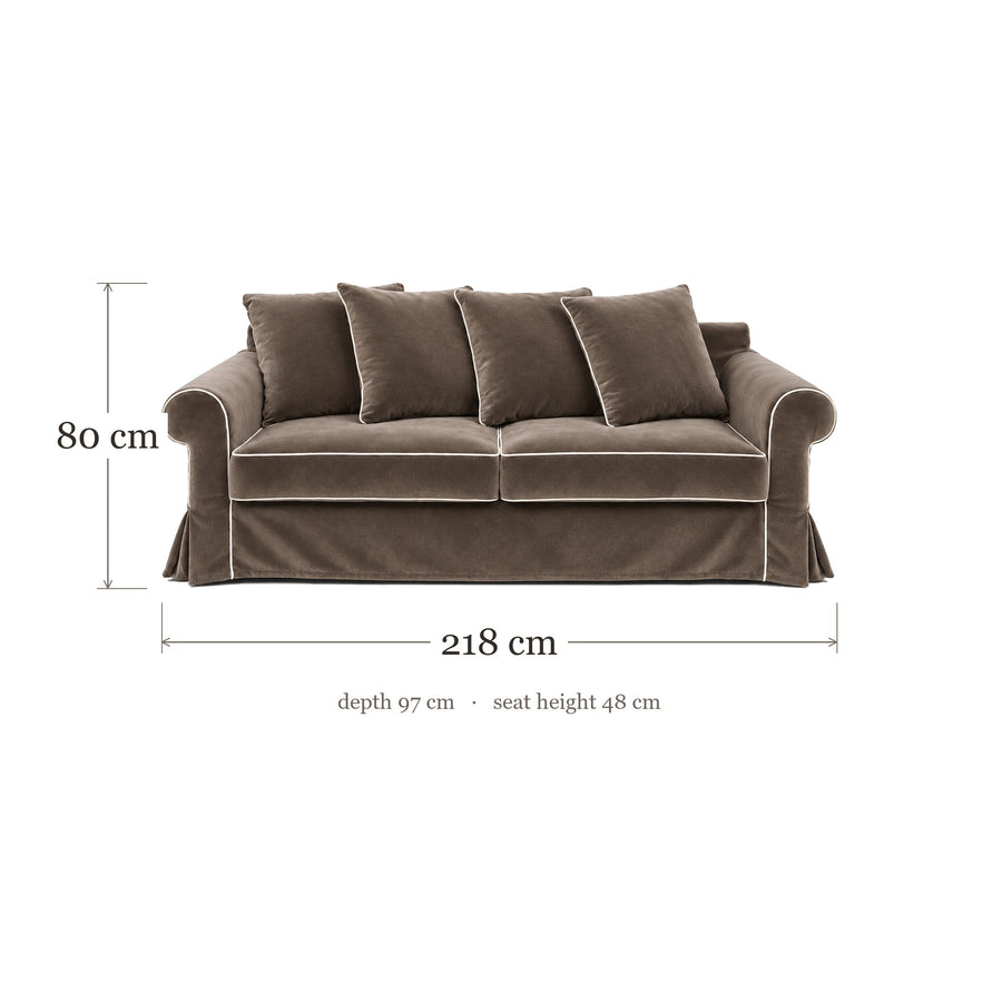 Castilliano country sofa in chocolate velvet with white piping, dimensions 218 x 97 x 80 cm