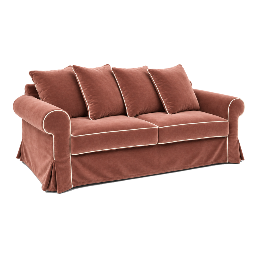 Castilliano country sofa in terracotta velvet with white piping, three-quarter view
