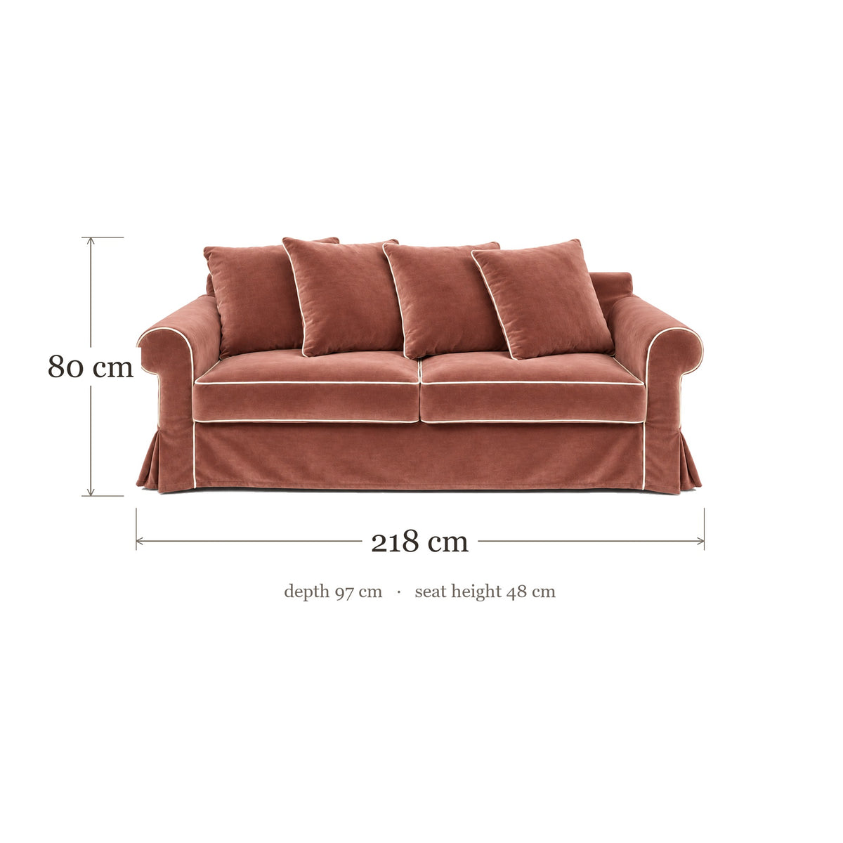 Castilliano country sofa in terracotta velvet with white piping, dimensions 218 x 97 x 80 cm