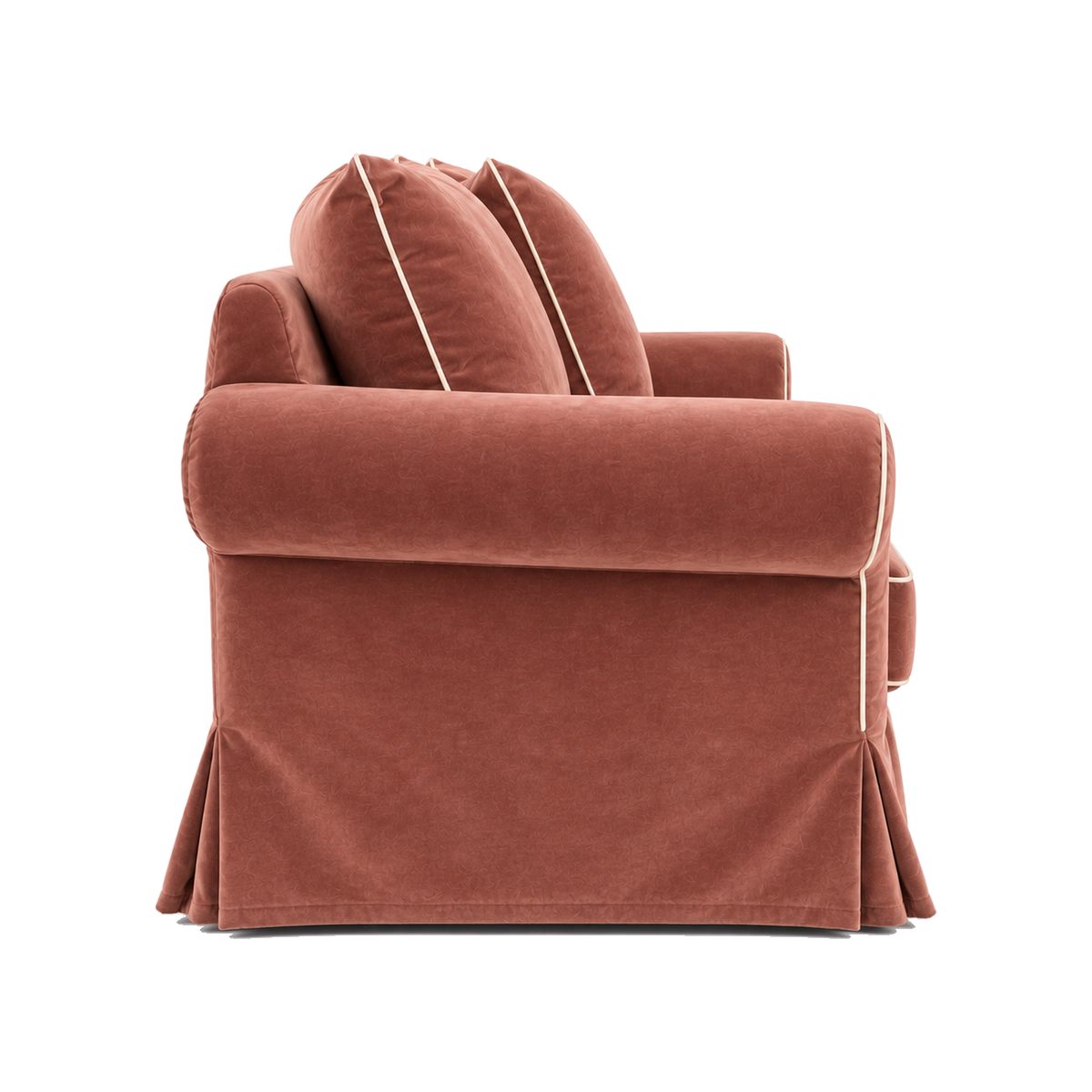 Castilliano country sofa in terracotta velvet with white piping, side view