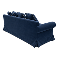 Castilliano country sofa in navy blue velvet with white piping, rear view