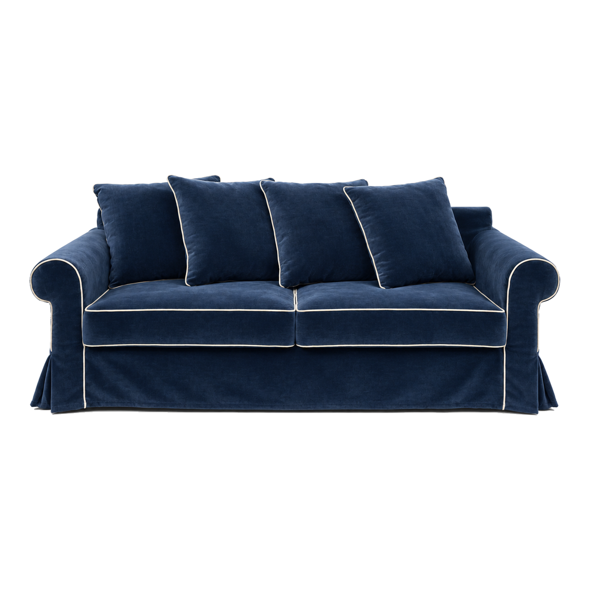 Castilliano country sofa in navy blue velvet with white piping, front view