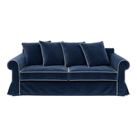 Castilliano country sofa in navy blue velvet with white piping, front view
