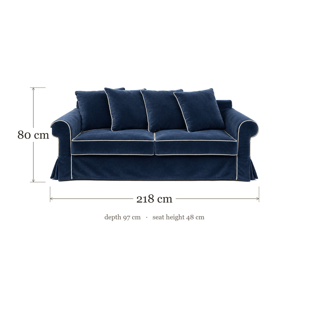 Castilliano country sofa in navy blue velvet with white piping, dimensions 218 x 97 x 80 cm