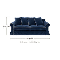 Castilliano country sofa in navy blue velvet with white piping, dimensions 218 x 97 x 80 cm