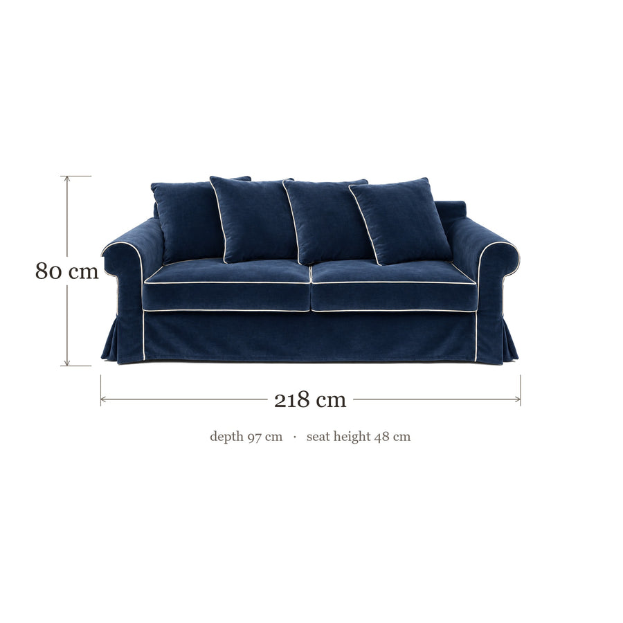 Castilliano country sofa in navy blue velvet with white piping, dimensions 218 x 97 x 80 cm