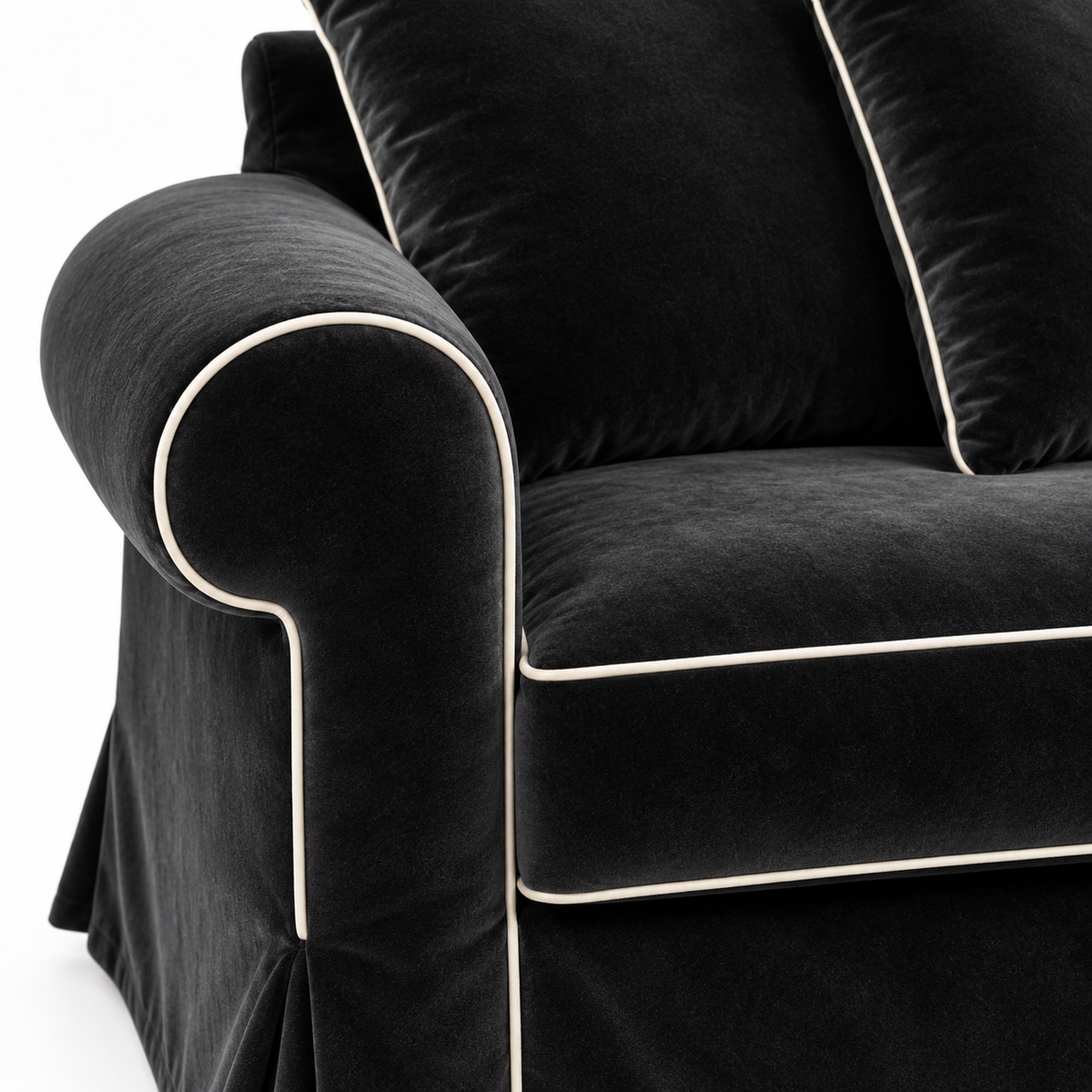 Castilliano country sofa in black velvet with white piping, velvet and piping detail