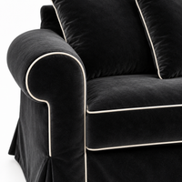 Castilliano country sofa in black velvet with white piping, velvet and piping detail