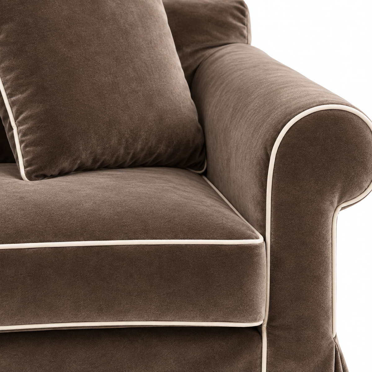 Castilliano country sofa in chocolate velvet with white piping, velvet and piping detail