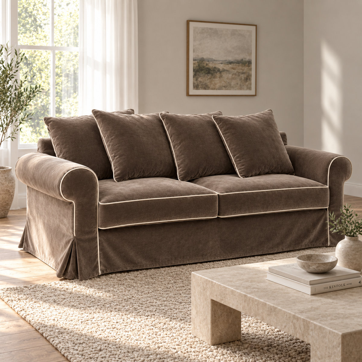 Castilliano country sofa in chocolate velvet with white piping in a living room