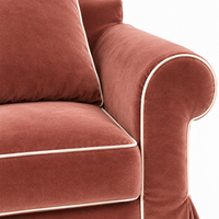 Castilliano country sofa in terracotta velvet with white piping, velvet and piping detail